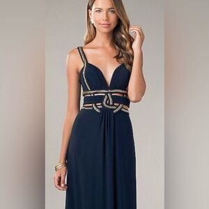 Betsy & Adam Dark Blue Cut Put Beaded Embellished Gown Size 10